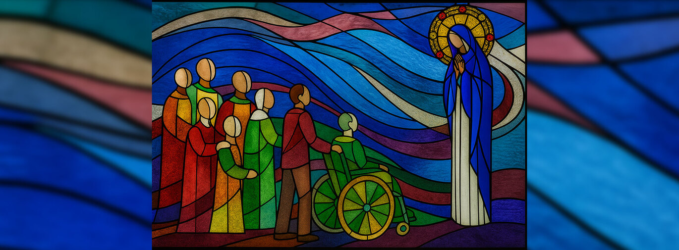 an imagine of a stained glass window featuring the Virgin Mary, standing people, and a person in a wheelchair.