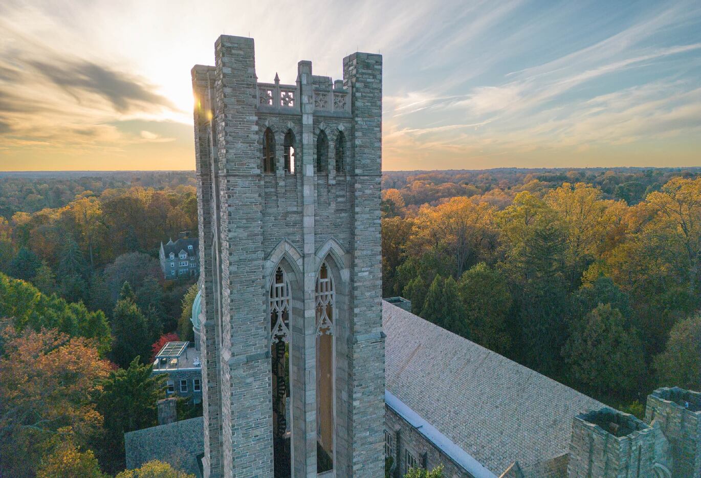 an aerial view of the tower surrounded  by trees in full leaf