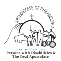 Logo showing stylized human figures, including one in a wheelchair, clasped hands, a church dome with cross, and the words, "Archdiocese of Philadelphia, The Office for Persons with Disabilities & The Deaf Apostolate."